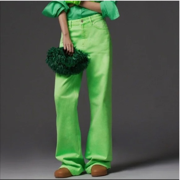 Zara neon green wide leg mid-rise full length jeans NWT - Picture 1 of 9